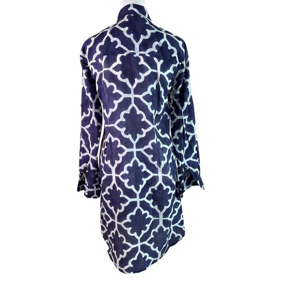 Roberta Roller Rabbit Shirt Dress Size XS Geo Print Navy White Sheer Long Sleeve - Picture 7 of 11
